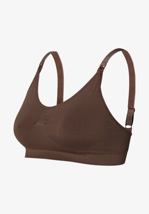 Brauner nahtloser Bralette mit verstellbaren Trägern. Glattes, dehnbares Material mit geripptem Muster und einem breiten Unterband für zusätzlichen Halt.