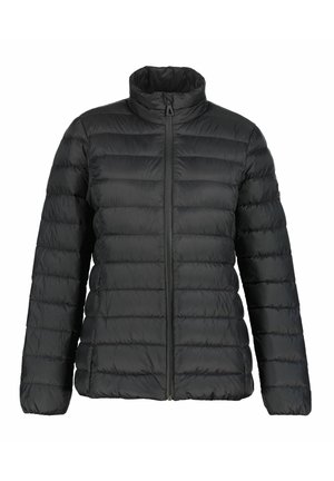 Doudoune noire avec un col haut, fermeture éclair et design matelassé. Fabriquée en matériau léger et résistant à l'eau, avec des manches longues.