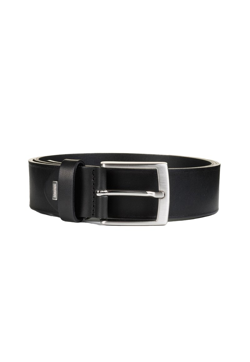 Black leather belt with a silver rectangular buckle. Smooth texture, 3 cm wide, featuring a loop for adjustment. Minimalist design.