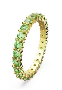 Gold ring featuring round, green gemstones set in a circular band with a polished finish. The design showcases a continuous green stone pattern.