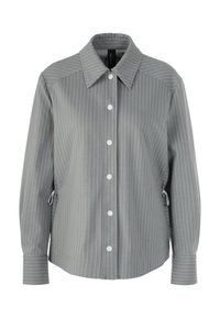 Graues Langarmhemd mit weißen vertikalen Streifen, einem Hemdkragen und Knopfverschluss. Verfügt über verstellbare Kordelzüge an den Seiten und eingefasste Ärmelbündchen.