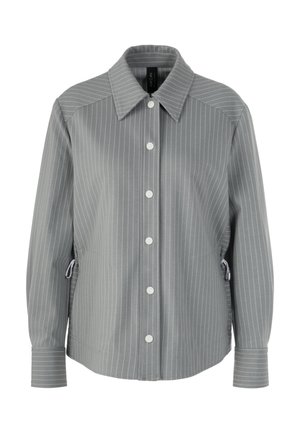 Graues Langarmhemd mit weißen vertikalen Streifen, einem Hemdkragen und Knopfverschluss. Verfügt über verstellbare Kordelzüge an den Seiten und eingefasste Ärmelbündchen.