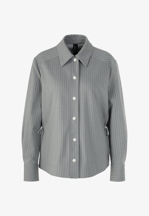 Gray, long-sleeve shirt with white vertical stripes, a collared neck, and button closure. Features adjustable side drawstrings and cuffed sleeves.