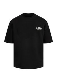 Camiseta de algodón negra con un corte holgado, mangas cortas y escote redondo. Presenta un logo ovalado blanco en la parte izquierda del pecho.