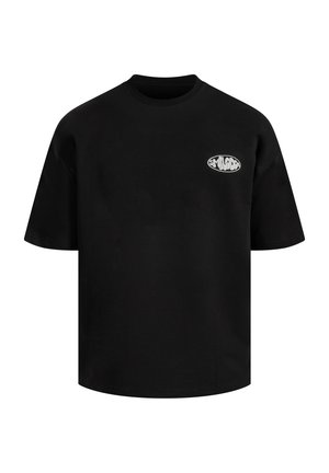 Black cotton t-shirt with a loose fit, short sleeves, and a round neckline. Features a white oval logo on the left chest area.