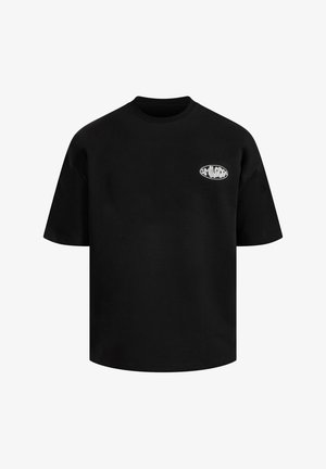 Schwarzes Baumwoll-T-Shirt mit lockerer Passform, kurzen Ärmeln und Rundhalsausschnitt. Auf der linken Brust befindet sich ein weißes ovales Logo.