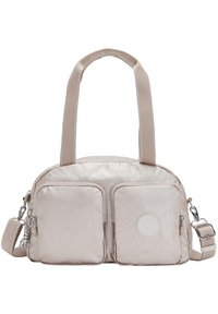 Beige nylon taske med to frontlommer med lynlås, top-håndtag og en aftagelig skulderrem. Har et rundt logo foran.