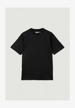 Zwarte katoenen t-shirt met een ronde hals, korte mouwen en een subtiel geborduurd logo op de borst. Gladde textuur, normale pasvorm.