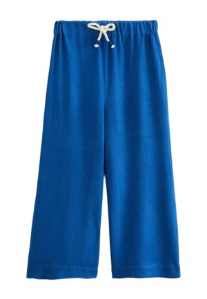 Pantalon bleu à jambes larges avec taille élastique et lien blanc, fabriqué en tissu léger adapté à un usage décontracté.