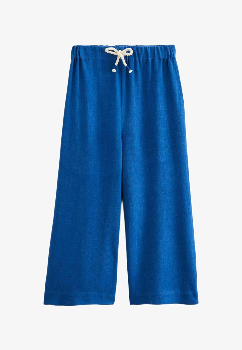 Pantalon bleu à jambes larges avec taille élastique et lien blanc, fabriqué en tissu léger adapté à un usage décontracté.