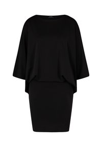 Robe noire avec une silhouette décontractée, un large col bateau et des manches courtes. Fabriquée en tissu doux, présentant un style drapé et une jupe ajustée.