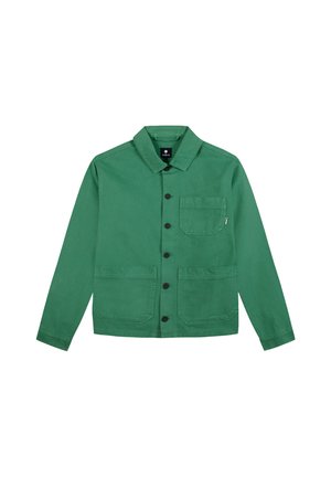 Grüne Baumwolljacke mit Kragen, langen Ärmeln, vorderen Knöpfen, einer Brusttasche und zwei großen Vordertaschen. Glatte Textur, lässiges Design.