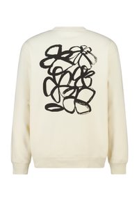 Crèmekleurige sweatshirt met een groot zwart abstract bloemmotief op de achterkant. Geribde manchetten en zoom, zachte textuur, casual pasvorm.