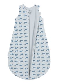 Lichtblauwe slaapzak met walvissendessin; heeft een rits en mouwloos ontwerp; zachte katoenstof, afgeronde onderkant voor comfort.