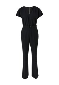 Czarny kombinezon z krótkimi rękawami, dekoltem w kształcie V, talią podkreśloną paskiem z okrągłą klamrą oraz szerokimi nogawkami. Gładki, lekki materiał.