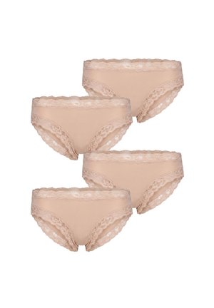 Fire beige dame hipster trusser med blondekant ved talje og benåbninger, arrangeret i et forløbende mønster på en hvid baggrund.
