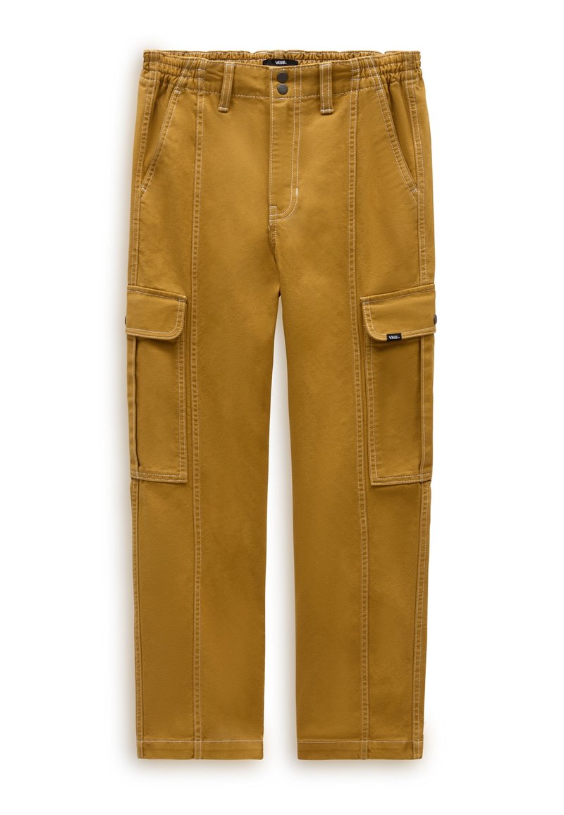 Gula cargobyxor med elastiskt midjeband, synliga sömmar, två sidofickor och två stora cargofickor på varje ben.