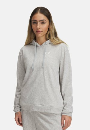 Gray hoodie with drawstrings, ribbed hem and cuffs, featuring a small white logo on the chest. Soft fabric with a relaxed fit.