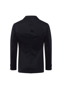 Schwarze Blazerjacke mit standardisiertem Revers, langen Ärmeln und glatter Textur. Die Rückansicht zeigt klare Linien und ein minimalistisches Design.