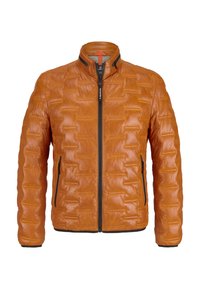 Oranges Lederjacke mit gestepptem Muster, hohem Kragen und vorderem Reißverschluss. Verfügt über schwarze Reißverschlüsse an den Taschen für einen Kontrast.