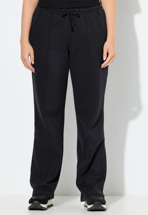 Pantaloni sportivi neri con cintura regolabile, tasche laterali e gambe diritte, realizzati in tessuto morbido e liscio. Adatti per un abbigliamento casual.