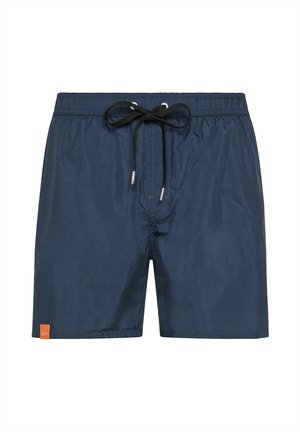 Pantaloni da bagno blu navy realizzati in materiale leggero, con vita elasticizzata e lacci neri, e una ribattitura del logo arancione.