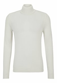 Weißer, langärmeliger Rollkragenpullover aus weichem, dehnbarem Strickstoff. Verfügt über ein tailliertes Design mit gerippten Bündchen und Kragen.