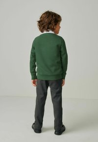 Felpa verde con scollo rotondo, abbinata a pantaloni grigi. Il tessuto sembra morbido e testurizzato, con orlo e polsini a costine.
