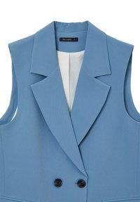 Modrý bezrukávový blejzr s pevně střiženým límcem, dvojitými knoflíky a hladkým povrchem látky; obsahuje bílou vnitřní podšívku.