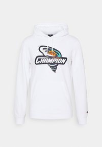 Vit hoodie med känguruficka, prydd med en stor färgglad "Champion"-grafik och basketdesign på framsidan. Tillverkad av bomullsmaterial.