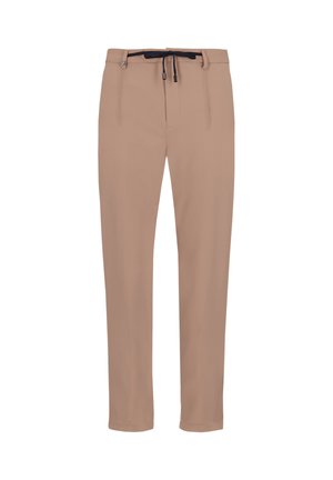 Pantaloni beige realizzati in tessuto liscio, con vita regolabile tramite cordoncino e accenti neri, gamba dritta e senza motivi o decorazioni visibili.