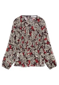 Blusa a maniche lunghe con motivo floreale scuro, fiori crema e rossi. Tessuto trasparente, scollatura rotonda, parte anteriore plissettata e polsini elasticizzati.