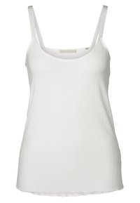 Top de tirantes finos de color blanco con superficie acanalada y escote redondeado. Presenta una textura suave y un dobladillo ligeramente curvado.
