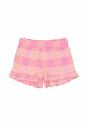 Różowo-pomarańczowe szorty w kratę z falbanką na dole i elastycznym paskiem w talii, wykonane z lekkiego, teksturowanego materiału.