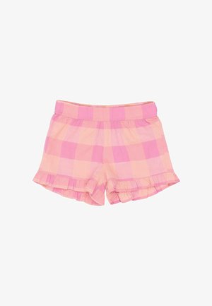 Różowo-pomarańczowe szorty w kratę z falbanką na dole i elastycznym paskiem w talii, wykonane z lekkiego, teksturowanego materiału.