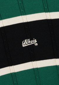 Dzianina w zielone, czarne i białe paski z wzorami warkoczy oraz białym haftowanym napisem "Blkvis 13" umieszczonym na czarnym pasku.