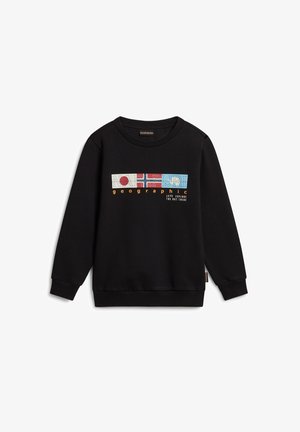 Sweat-shirt noir avec un col rond et des manches longues. Présente un design graphique coloré avec des drapeaux et du texte sur le devant.