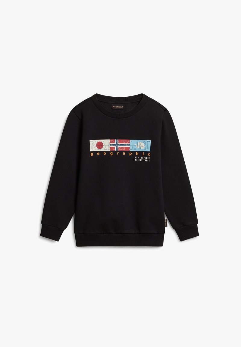 Sweat-shirt noir avec un col rond et des manches longues. Présente un design graphique coloré avec des drapeaux et du texte sur le devant.