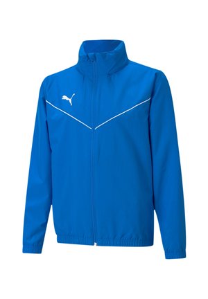 Blauwe jas van lichtgewicht materiaal met een staande kraag, witte accenten en een logo op de borst. Elastische manchetten en onderrand.