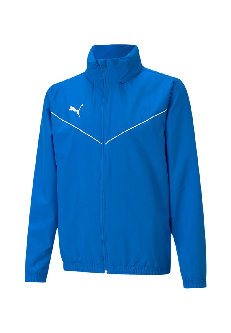 Blauwe jas van lichtgewicht materiaal met een staande kraag, witte accenten en een logo op de borst. Elastische manchetten en onderrand.