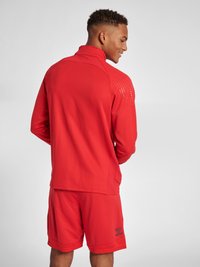 Rød atletisk træningsdragt med høj krave, tekstureret stof og korte ærmer, parret med matchende shorts med et logo på benet.