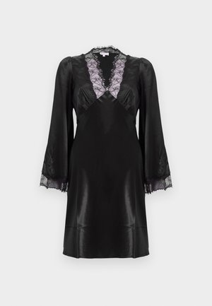 Black satin dress featuring a deep V-neck with lavender lace trim, long sleeves with lace accents at cuffs, and a smooth, sleek finish.