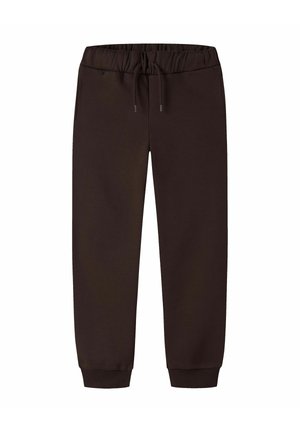 Pantalon de jogging marron foncé avec taille élastique et cordon, avec poignets côtelés aux chevilles.