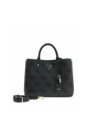 Sac à main de designer noir avec logo à motifs, anses doubles, bandoulière amovible et quincaillerie couleur or, y compris un emblème de marque triangulaire à l'avant.