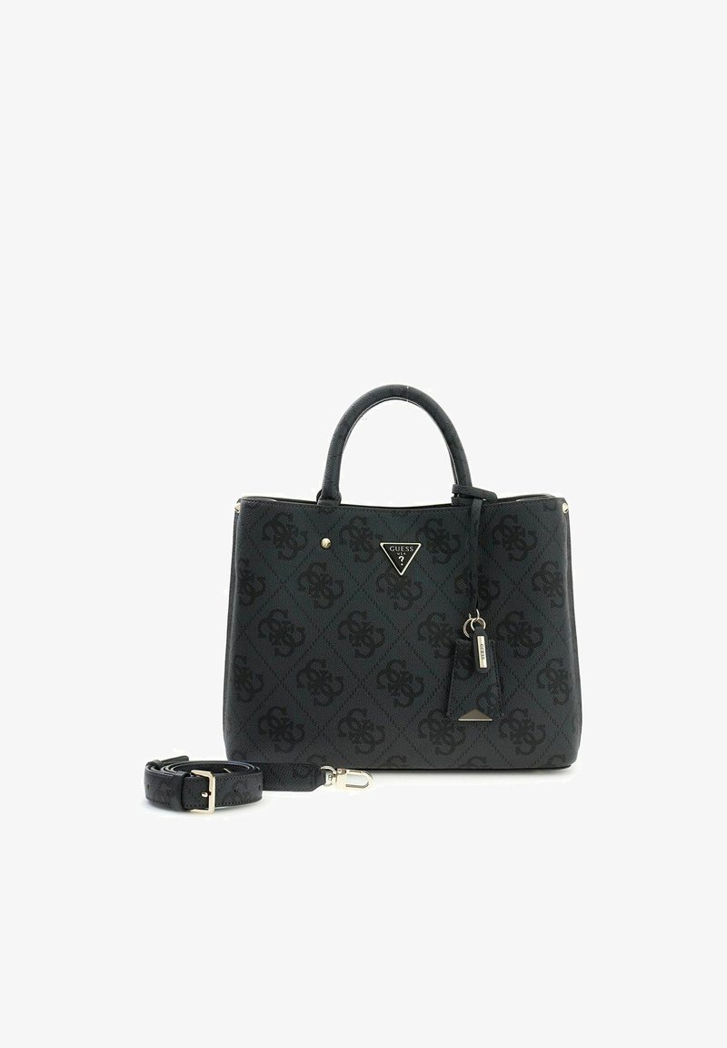 Sac à main de designer noir avec logo à motifs, anses doubles, bandoulière amovible et quincaillerie couleur or, y compris un emblème de marque triangulaire à l'avant.
