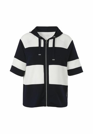 Kurzärmelige Kapuzenjacke mit Frontreißverschluss, mit breiten horizontalen schwarzen und weißen Farbfeldern und Kordeln an der Kapuze.