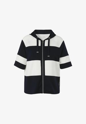 Kurzärmelige Kapuzenjacke mit Frontreißverschluss, mit breiten horizontalen schwarzen und weißen Farbfeldern und Kordeln an der Kapuze.