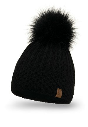 Czarna dziana czapka beanie z puszystym czarnym pomponem na górze i teksturowanym wzorem. Posiada małą brązową skórzaną metkę po boku.