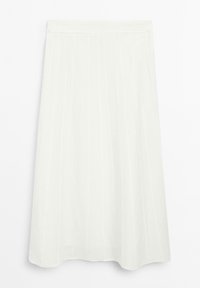 Jupe midi blanche avec des plis verticaux et une taille ajustée, présentée sur un fond blanc uni.
