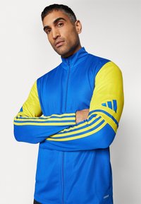 Blauwe en gele sportjack met rits, lange mouwen en drie gele strepen op elke arm, gemaakt van lichtgewicht, gladde stof.